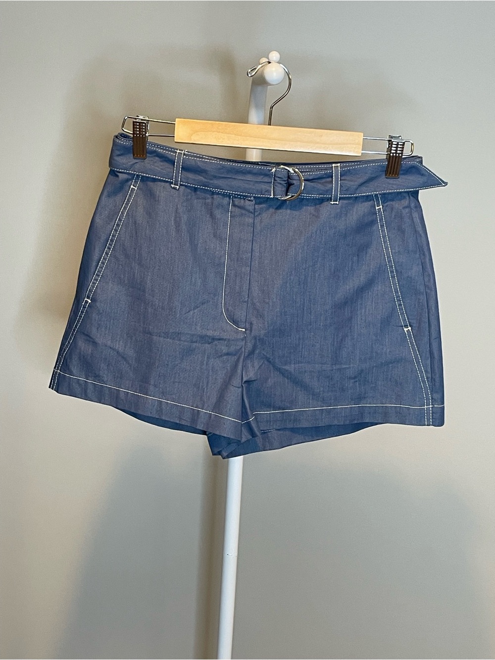 Zara Denim-Effect Chambray High Waist Shorts with D-Ring Belt NWT